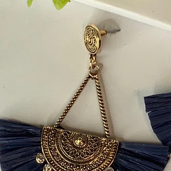 Navy Blue Half Circle Fan Shape Raffia Straw Earrings - Picture 4 of 4